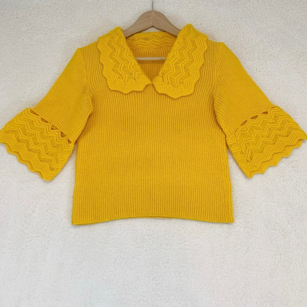 Vintage Sweater Vintage 1/2 Sleeve Collared Yellow Knit 50s 60s Retro Twee